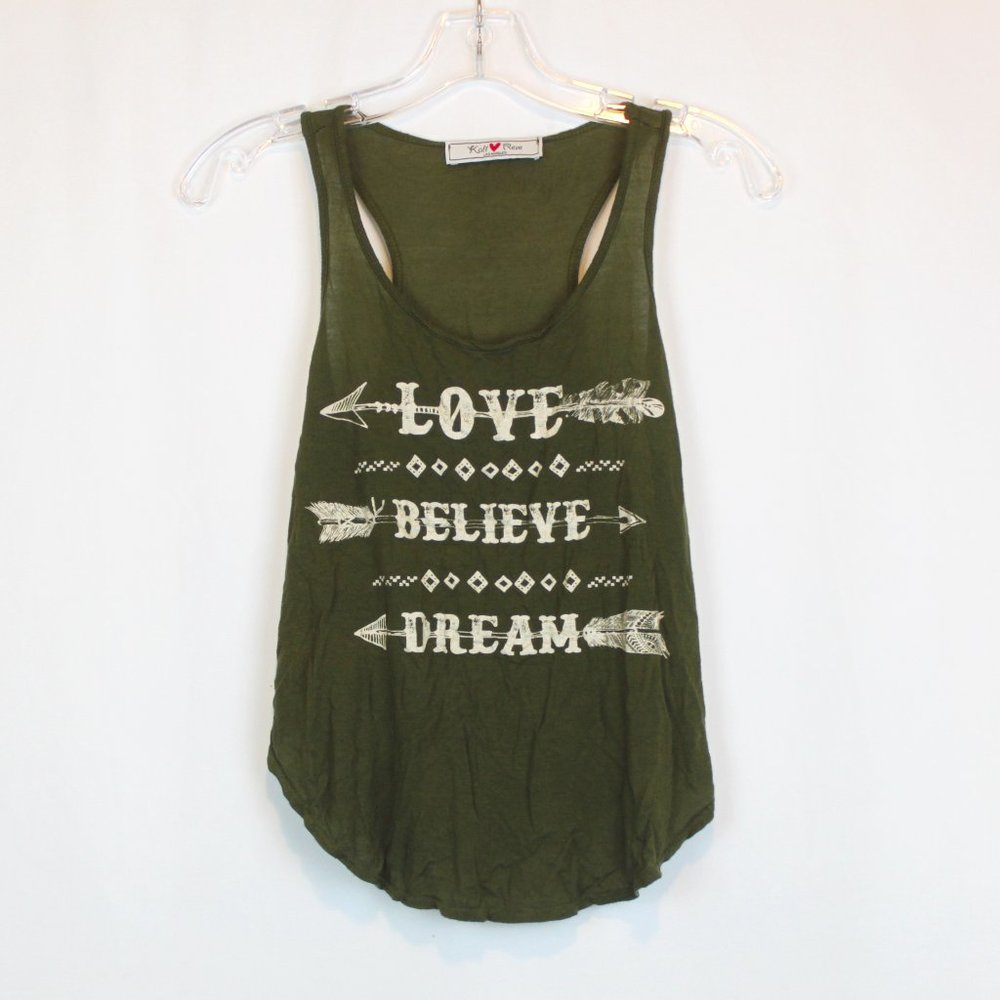 Kali Reve Los Angeles Olive Green Boho Graphic Tank Top